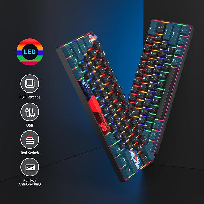 60 Percent Gaming Keyboard 61 Keys Portable Mechanical Keyboard Rainbow Backlit Ultra Compact Wired Keyboard Red Switch for PC Laptop Gamer(61 Monster-B)