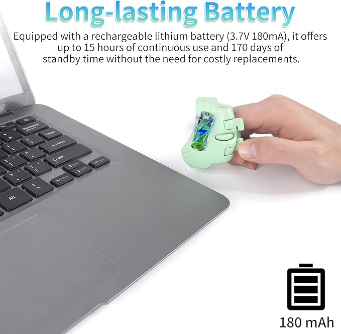 Bluetooth Mini Ring Mouse - Ergonomic Wireless Finger Mouse for Laptops Tablets &amp Presentations - Portable Easy to Use Long Battery Life (Green)