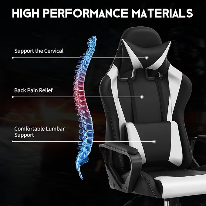 Ergonomic Gaming Chair Home Office Desk Chair with Headrest and Lumbar Support for Adults Height Adjustable Computer Chairs Pu Leather 360° Swivel High-Back White