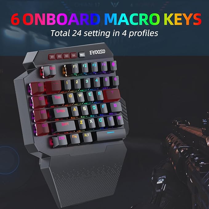 HUO JI Wireless One Handed Mechanical Gaming Keyboard 6 Onboard Macro Keys 2.4Ghz and USB-C Wired Dual Mode RGB Led Backlit Red Switch Wrist Rest Durable Battery