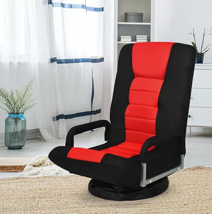 Foldable Floor Gaming Chair Video Gaming Rocker Chair for Adults 360° Swivel Comfort Armrest 7-Position Adjustable Back for TV Reading 330 lbs Support Steel Frame Comfortable Fabrics (Red)