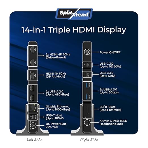 OREI DisplayLink Docking Station 3 Monitors – 3X 4K@60Hz HDMI – 6X USB (4X USB 3.0) Gigabit Ethernet 100W PD AUX – Triple Monitor Docking Station with Win &amp Mac Support