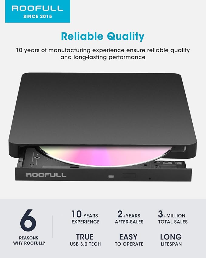 ROOFULL External CD/DVD Drive USB 3.0 &amp USB-C Ultra-Slim 0.5 High-Speed CD DVD Player Burner Reader Writer for Laptop Windows 11/10 Mac MacBook Linux OS