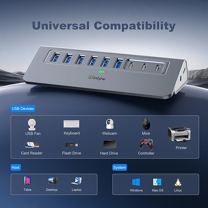 Powered USB Hub 10Gbps intpw YH6AC 9-Port USB Splitter with USB A/USB C 3.2 4 USB 3.0 2 PD 45W Charging Ports 65W Power Adapter + 3.3FT Cable Aluminum USB Extender Hub for Laptop PCiPhone 17/16