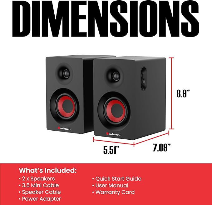Audiosource Bluetooth 2-Way Bookshelf Speakers 30W RMS Powered Desktop Speakers/Woofer Rear Bass Port AUX &amp USB MP3 Playback Multipoint Pairing Wood Cabinet – Hi-Fi PC Gaming &amp Music Syst