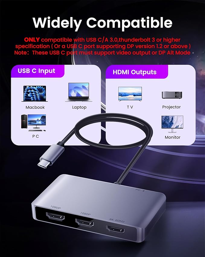 avedio links USB C to HDMI Multi Monitor Adapter HDMI Splitter 1 in 3 Out Extended Display for Triple Monitor with 100W PD Port Out 1 4K@60Hz Out 2 and 3 1080p Display for Windows Mac OS