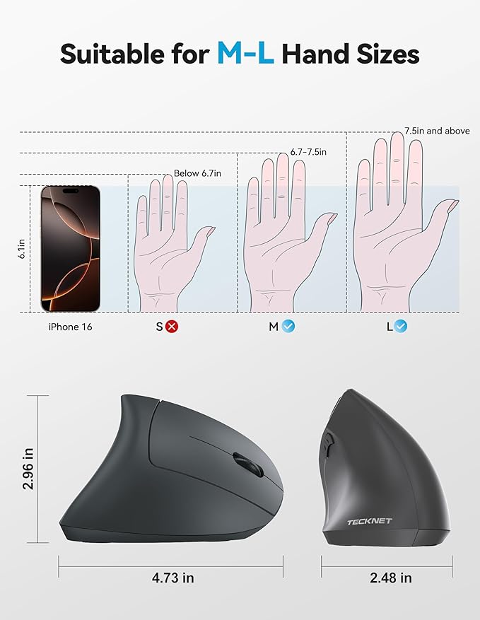 TECKNET Ergonomic Mouse Rechargeable 2.4G+Bluetooth Vertical Mice 6 DPI Adjustable Wireless Optical Carpal Tunnel Mouse Right Hand Multi Device for Laptop PC Computer MacBook iPad - Grey