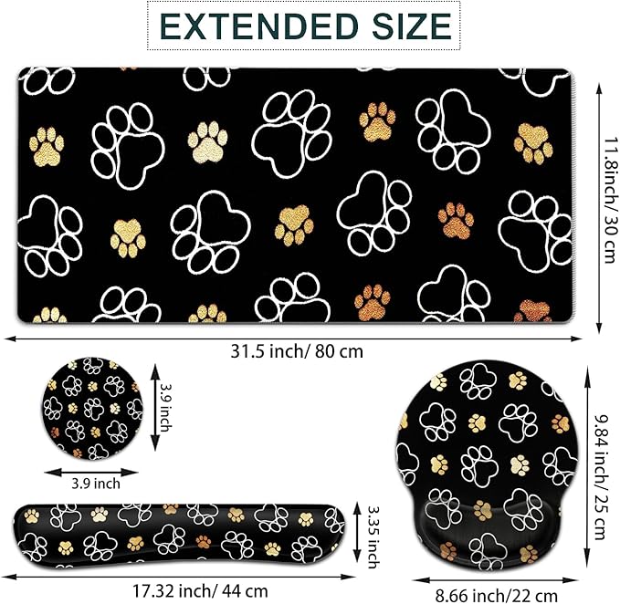 Large Mouse Pad Ergonomic Mouse Pad with Wrist Rest and Keyboard Wrist Rest 4 in 1 Set 31.5 x11.8 inch Extended Desk Pad for Home Office Gold White Cute Dog Paws Prints Black XXL Gaming Mouse Mat