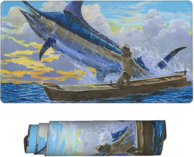 Old Man Blue Marlin Billfish Sportfishing Mar Gaming Mouse Pad Large 16x29.5 Inch - Non-Slip Desk Mat with Stitched Edges Durable Textured Rubber Base for Gaming