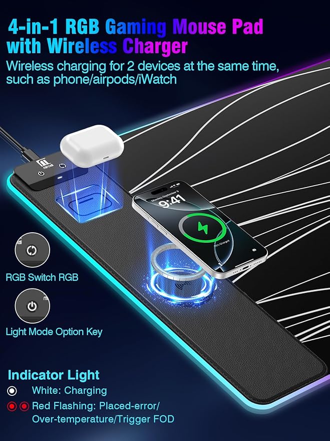 Mouse Pad with Magnetic Wireless Charging Large Desk Pad Protector RGB Black Mousepad Desk Mat with 15W Fast Charger 4mm Thick Non-Slip Waterproof Laptop Writing Pad for Office Home Gaming