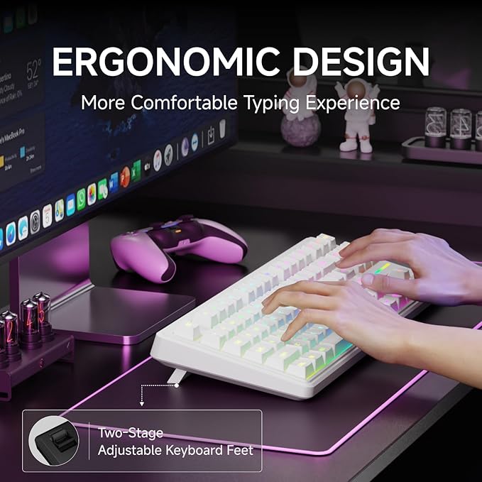 V80 Wired TKL RGB Gaming Keyboard 80% Compact Layout with PBT Keycaps Whisper Quiet Membrane Switch 26-Key Anti-Ghosting Ergonomic Computer Keyboard for Laptop PC Gamer - White