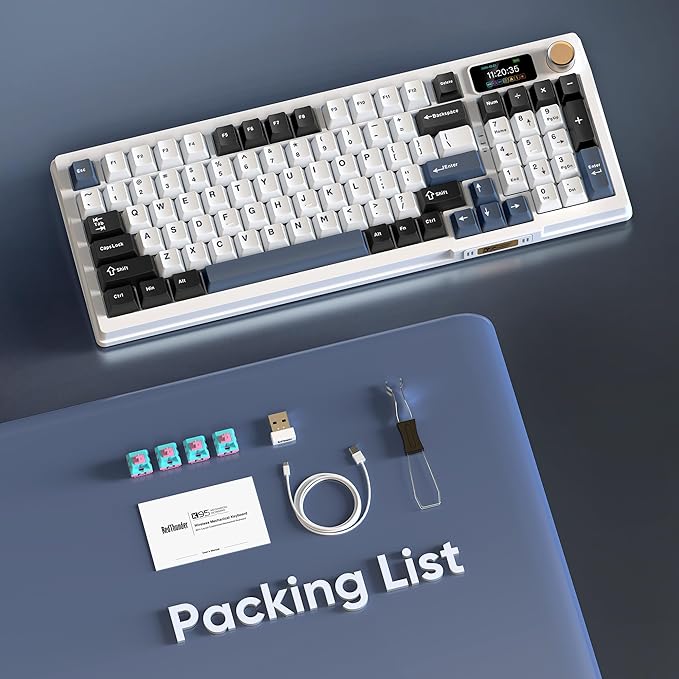 RedThunder K95 Wireless Mechanical Keyboard TFT Screen &amp Knob Tri-Mode BT5.0/2.4GHz/USB-C Hot Swappable Custom Pre-lubed Linear Switches Gasket Structure RGB Gaming Keyboard Snowy White-Blue