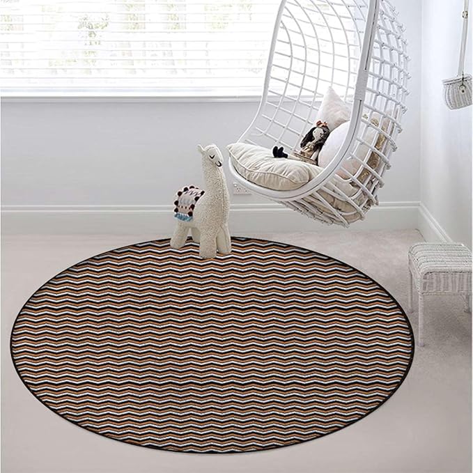 Brown and Tan Office Home Chair Mat Gaming Computer Rolling Chair Mats Round Chair Cushion Non-Slip Low-Pile Hardwood Floor Mats Waves Geometric Retro Style Tiling Diameter 43.3 in