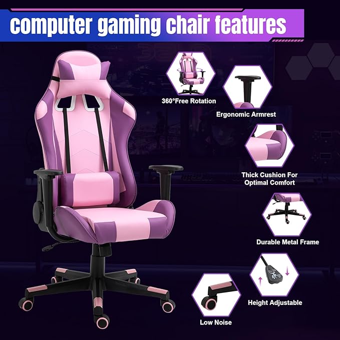 DIKEP Reclining Gaming Chair High-Back Recliner Chair with Headrest and Lumbar Support PU Leather Racing Gaming Chair with Height Adjustable and Headrest 360° Swivel Seat for Adults - Purple &amp P