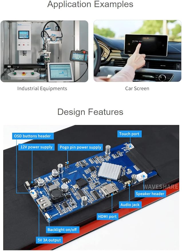 Waveshare 12.3inch Capacitive Touch Screen LCD Compatible with Raspberry Pi 5/4B/3B+/3B/2B/B+/A+/Zero/Zero W/WH/Zero 2W Series Boards 600 Cd/M²1920×720 HDMI IPS Toughened Glass Panel