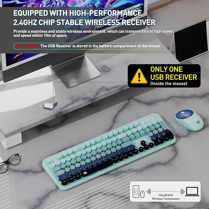 Wireless Keyboard and Mouse Combo 2.4 GHz Wireless Full-Sized Typewriter with Round Keycaps Mouse and Keyboard for Windows Computer Desktop PC Laptop (GradientBlue)
