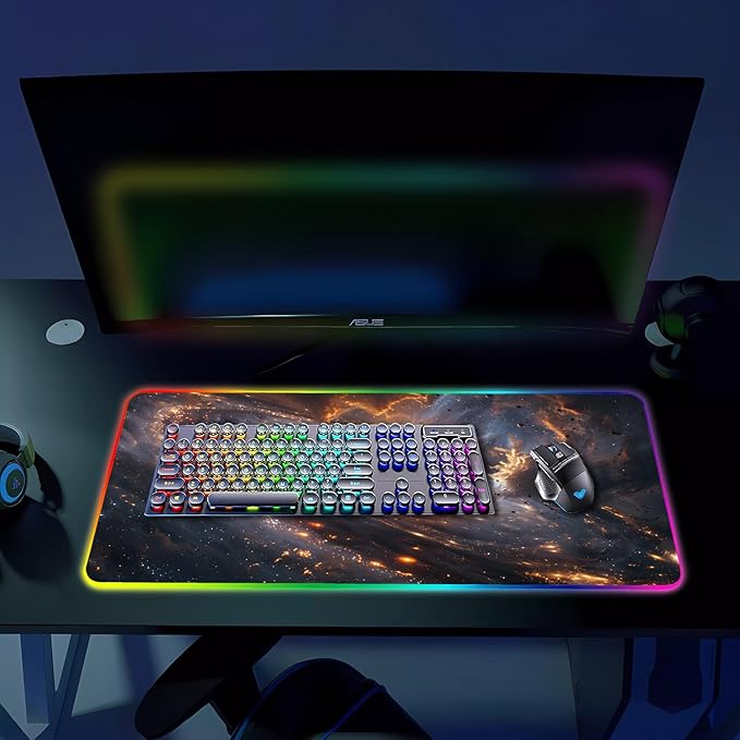 RGB Gaming Mouse Pad Large Mousepad with Led Light Gaming Accessories Keyboard Pad for Desk Non-Slip Rubber Base Big Mouse Mat for Gamer 31.5 X 11.8 Inch Golden Galaxy