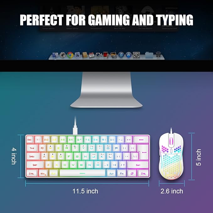 RedThunder 60% Mini Gaming Keyboard and Mouse Combo Lightweight Ultra-Compact 61 Keys RGB Backlit7200 DPI Honeycomb Optical Mouse Wired Gaming Set for PC MAC PS5 Xbox Gamer(White)