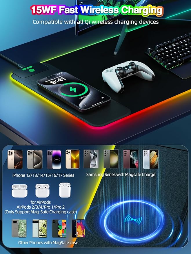 Wireless Charging Mouse Pad 31.5x11.81 XL Gaming Mousepad with 11 RGB Colors &amp 5 Lighting Modes Home Office Large Desk Pad Ultra-Smooth Surface Non-Slip Waterproof Keyboard Pad Black Desk M