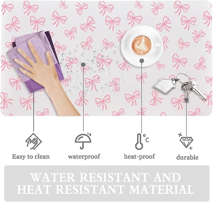 Cute Pink Bow White Extended Gaming Keyboard Mouse Pad Non-Slip Leather Home Office Desk Mat Protector Laptop Desk Pad Writing Pad