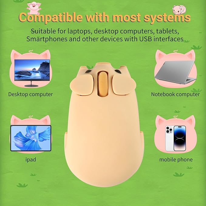 Bluetooth Mouse 2.4G Mice Cute Cartoon Pig Dual Mode (Bluetooth or 2.4 GHz Receiver) Computer Mouse 1200DPI Silent Clicks Mice for Laptop/Notebook/iPad/PC/Mac/Chromebook Office Home(Yellow)