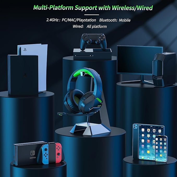 BINNUNE 2.4GHz Wireless Gaming Headset Bluetooth 5.3 Gaming Headphones with Noise Canceling Mic 120H Ultra-Long Battery 50mm Drivers Multi-Platform for PC / PS5 /PS4/ Switch/Mobile Green