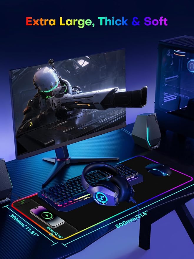 2-in-1 RGB Gaming Mouse Pad with Wireless Charging 31.5x11.8 Large 24 Light Effects Non-Slip Base Waterproof Ultra-Smooth Surface No Adapter