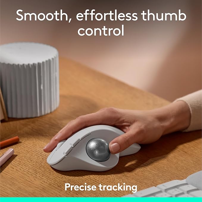 Logitech Ergo M575S Wireless Trackball Mouse Wireless Ergonomic Mouse with Bluetooth and Encrypted Dongle Comfortable Thumb Control Precise and Smooth Tracking for PC/Mac - Off- White Silver Ball