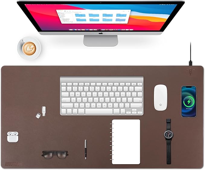 Wireless Charging Desk Mat with Desk Pad for Desktop Charging Large Mouse Pad Waterproof Leather Computer Mat Mouse Pad Non-Slip Protector on Top of Desks for Keyboard and Mouse (brown-r 32*16inch)
