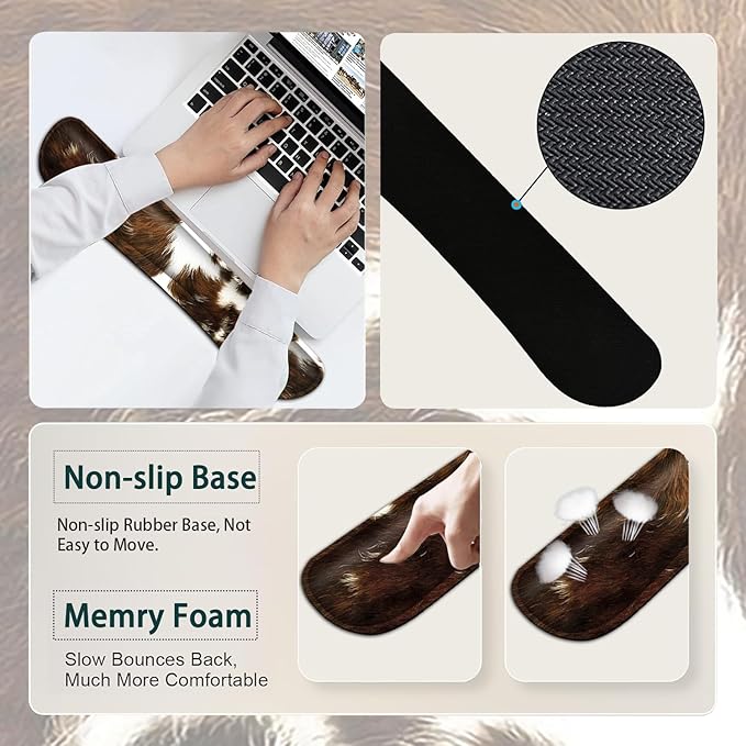 Large Mouse Pad Ergonomic Mouse Pad with Wrist Rest and Keyboard Wrist Rest 4 in 1 Set 31.5 x11.8 inch Extended Desk Pad for Home Office Faux Brown Cowhide Fur Pattern XXL Gaming Mouse Mat