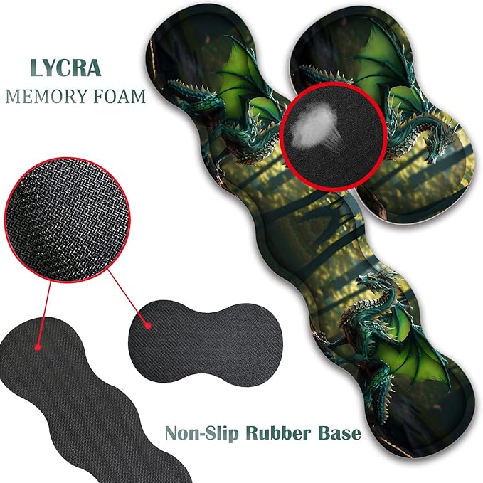 4 in 1 Mouse Pad Combo Large Gaming Mouse Pad + Keyboard Wrist Support + Mouse Wrist Rest + Coaster Table Pad 31.5 x 11.8 with Memory Foam Ergonomic Wrist Pad Set Forest Green Dragon