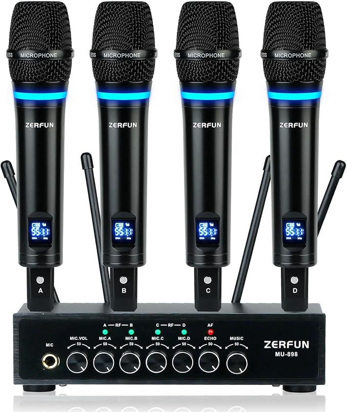 Pro Rechargeable Wireless Microphone System 4 Channel UHF Metal Handheld Wireless Microphones Cordless Mics with Echo Bluetooth VOL Channel Control for Karaoke Singing Church(MU-898)