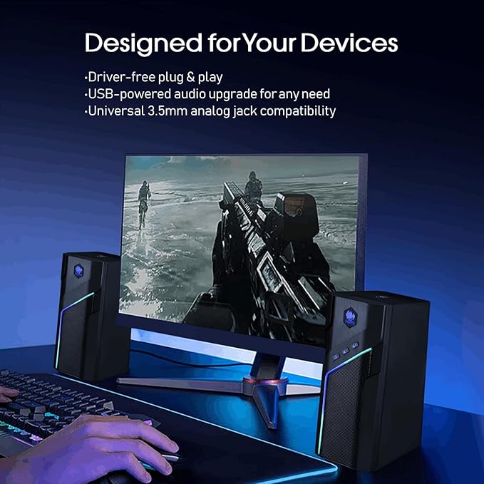 W-206RE Bluetooth RGB Computer Speakers 2.0 Stereo PC Speakers with 21 LED Light Modes Touch Control USB Powered Desktop Speakers for PC Laptop PS5
