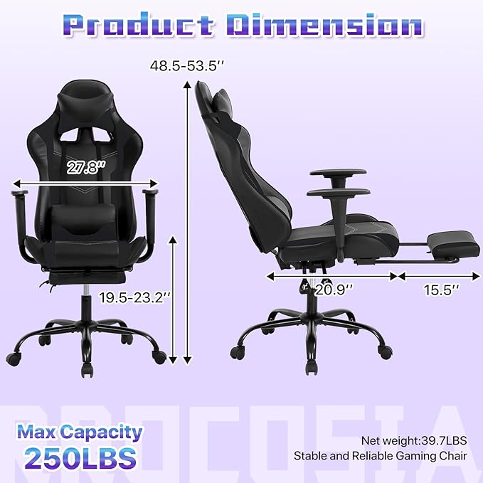 Gaming Chair for Adults - 250lbs Capacity Video Game Chair with Footrest &amp Lumbar Support Ergonomic 360° Swivel Height Adjustable Office Gamer Chair Heavy-Duty PU Leather (Black)