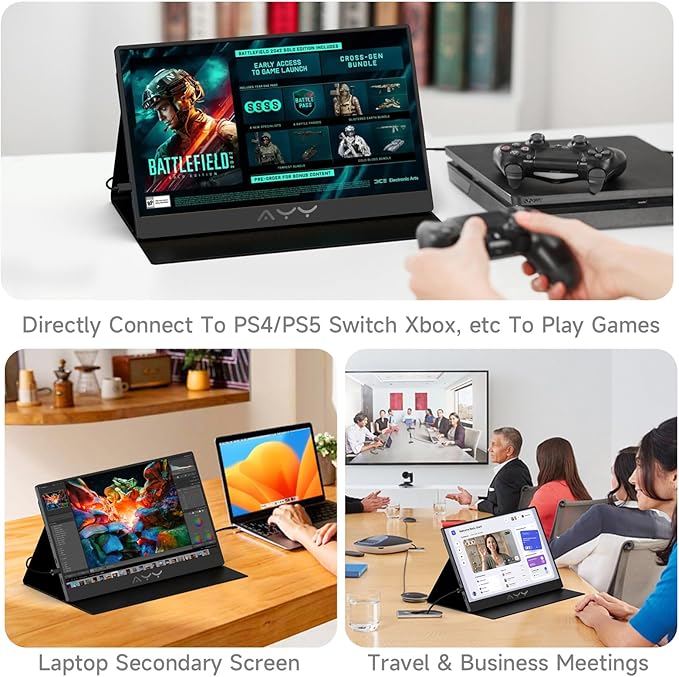 AYY Portable Monitor for Laptop 15 Inch FHD 1080P USB-C HDMI Travel Monitor External for Computer Second Display HDR IPS Gaming Monitor Extender for PC MAC Phone PS4/5 Xbox Switch Built-in Speakers