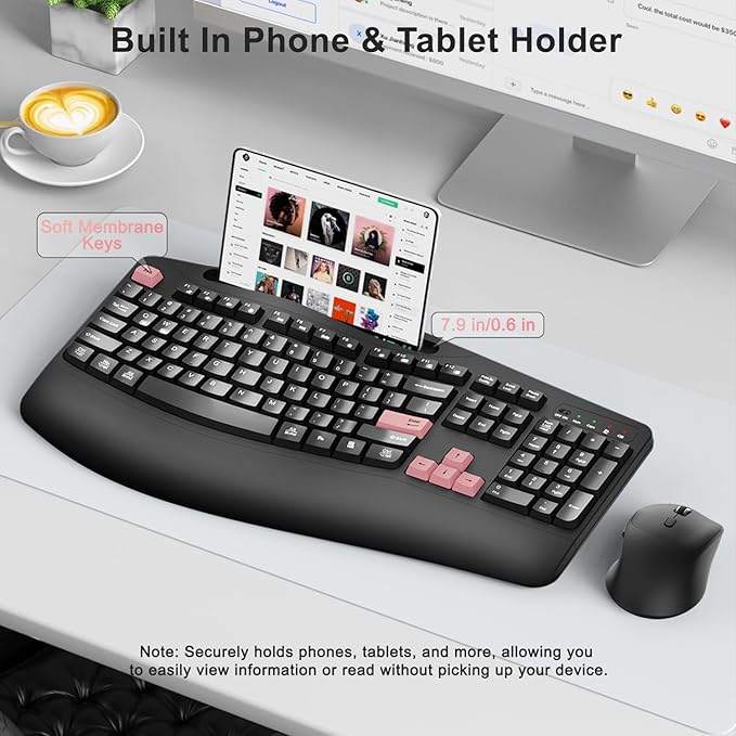 Wireless Keyboard and Mouse Combo 2.4G Full Size Wave Keys Ergonomic Keyboard with Wrist Rest Phone Holder 3-Level DPI Wireless Silent Mouse with 6-Buttons for Windows (Pink)