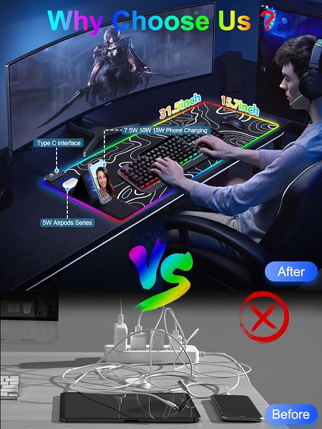 XXL Mouse Pad with Foldable Phone Holder - Black RGB Desk Mat with 15W Fast Charging LED Gaming Mousepad with 11 Light Colors Waterproof Non-Slip Pad (Stand-XXL RGB Topographic)