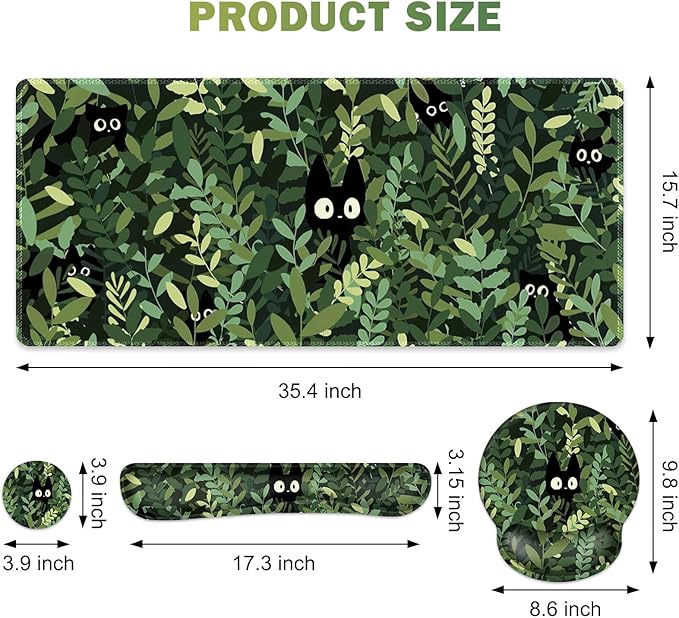 Large Desk Mat Cute Anime Cats Gaming Mouse Pad Desk Pad Protector XXL Mousepad + Keyboard Wrist Rest+Mouse Wrist Rest+Coaster Set with Ergonomic Desk Pad for Home Office PC Computer Green Leaves