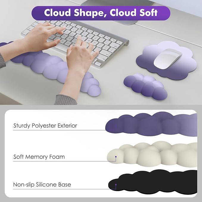 MoKo Cloud Wrist Rest Ergonomic Cloud Keyboard Wrist Rest with Mouse Rest Wrist Pad Durable Polyester Cloud Arm Rest Wrist Pad for Keyboard and Mouse for Office Gaming Computer Laptop Purple