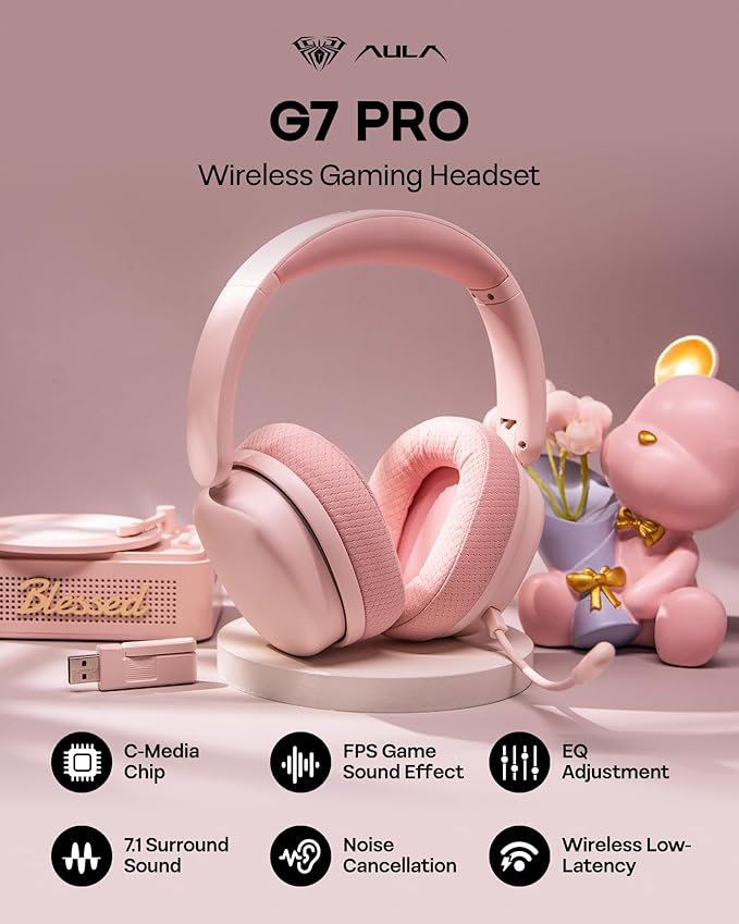 EPOMAKER X Aula G7 Pro Wireless Gaming Headset Dual Mode BT5.3 &amp 2.4GHz 7.1 Surround Sound 80+ Hour Battery RGB Light with Noise Canceling Mic for PS5 PS4 Switch PC (Pink)