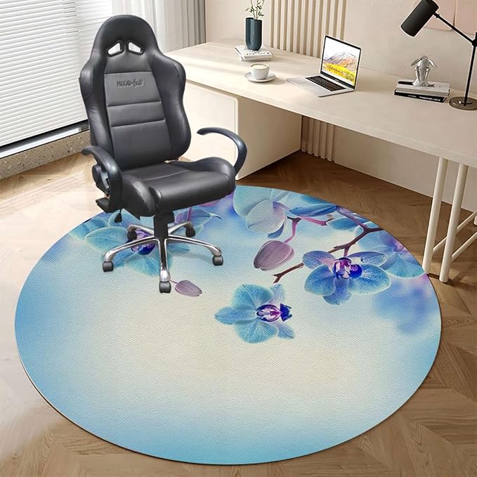 Blue and Purple Chair Mat for Hard Floors Flower Orchids Natural Flowers Protects FloorsSuitable for HomeWorkGameNon-Slip Not Stuck WheelEasy to Clean Romantic Floral Diameter 47.2 in