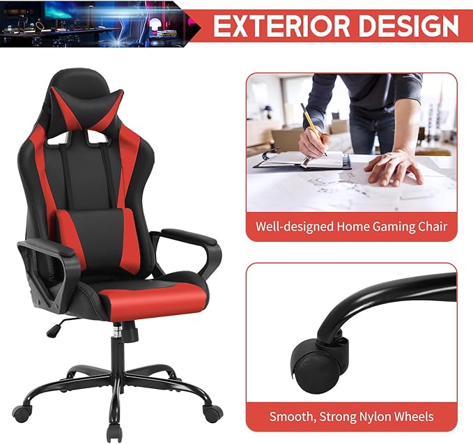 BLKMTY Gaming Chair Video Game Ergonomic Office Racing Computer PU Leather Chair - High Back Executive Task with Lumbar Support Headrest Swivel Chairs Red