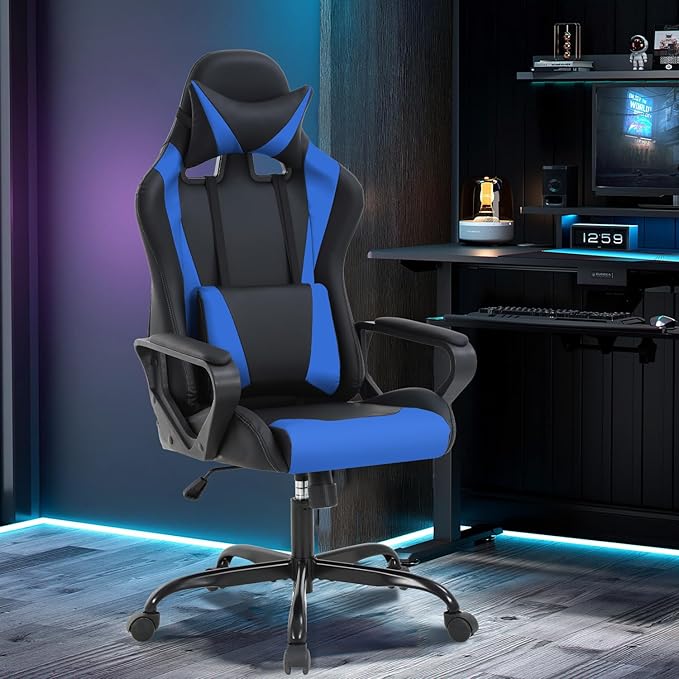 Gaming Chair Computer Racing Chair Ergonomic Office Chair Video Game Chairs for Adult Kids Teen Height Adjustable Reclining Chair with Lumbar Support Armrest Headrest Swivel Chair Game Chair Blue