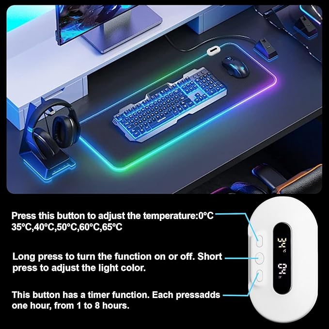 Heated Mouse Pad - Warm Mouse Pad - 6-Level Temperature Adjustment Smart Temperature Control LED Gaming Mouse Pad 8-Hour Timer with Auto Shut-Off31.5 x 15.7 inches