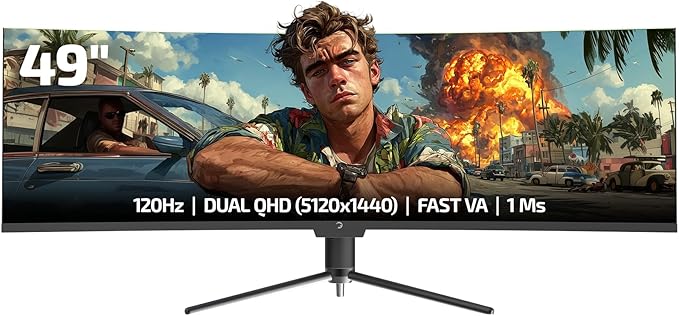 GAMEPOWER DQ49 inch Curved Ultrawide Gaming Monitor 1Ms 120Hz Refresh Rate 32:9 DQHD 5120 x 1440P R1800 99% sRGB HDR400 DisplayPort Type-C FreeSync Gsync Height - Tilt Adjustable