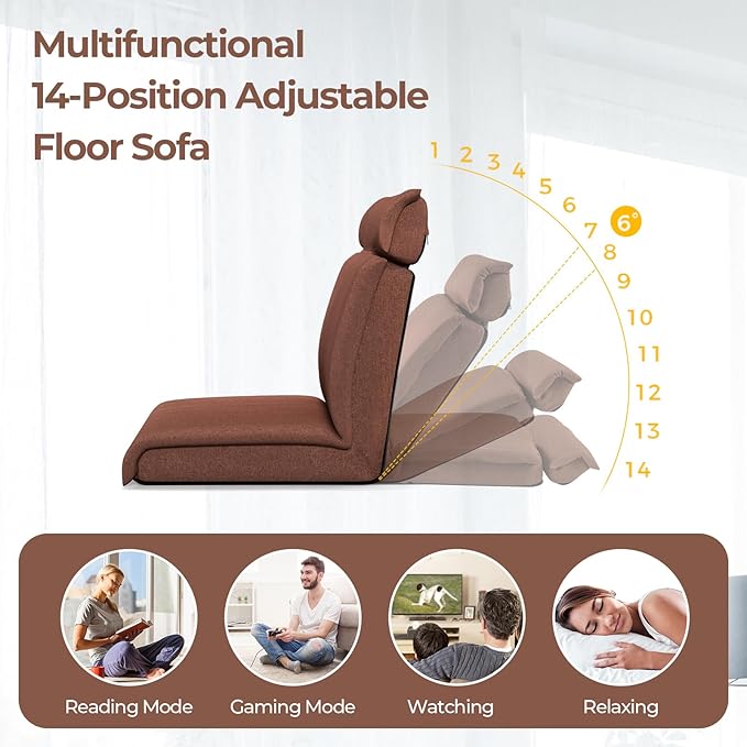 Giantex Floor Chair Floor Gaming Chair with Back Support 14-Poistion Adjustable Backrest 5-Position Adjustable Headrest Load 330 Lbs Lazy Sofa Couch Recliner for TV Reading Meditation (Brown)