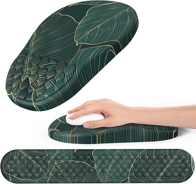 Ergonomic Mouse Pad and Keyboard Wrist Rest with Massage Design Space-Saving Mouse Pad Wrist Support Memory Foam Wrist Rest with Non-Slip PU Base for Computer Desk Green Leaves