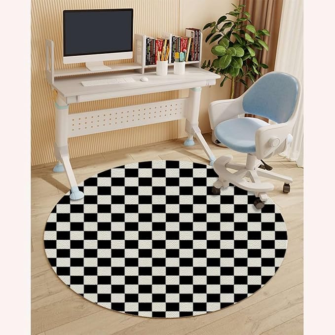 White Charcoal PU Leather Carpet for Hard Wood &amp Tile Floor Checkers Game Geometric Grid Style Chair Rugs Floor Protectors Mat Computer Chair Mat for Rolling Chair Checkered Diameter 39.4 in