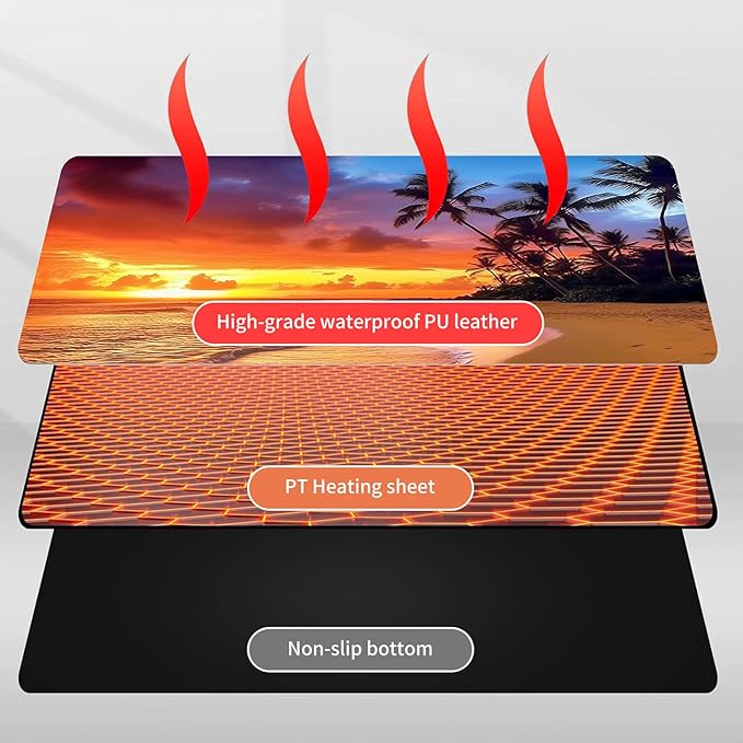 Heated Mouse Pad Hand Warmer Warm Desk Pad Mousepad Desk Mat with 3 Levels Heating and Auto Shut Down 31.5 x 13 inch PU Leather Warmer Keyboard Mat for Gaming Laptop Office Home Sunset Beach