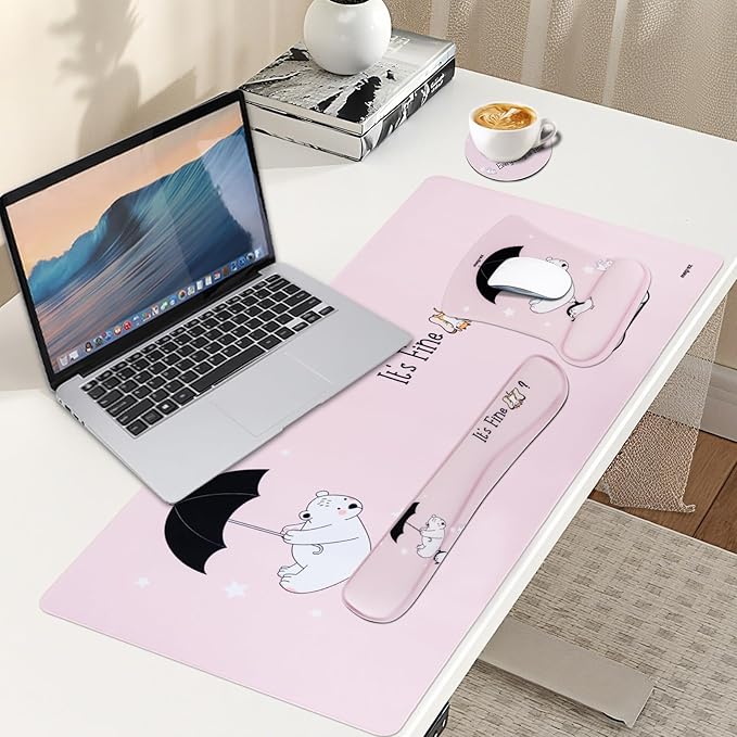 MEGREZ 4-in-1 Ergonomic Memory Foam Wrist Rest Set Desk Pad Mouse Pad with Wrist Rest Keyboard Pad Suitable for Office Workers Programmers &amp Gamers–Relieve Typing &amp Gaming Fatigue Pink